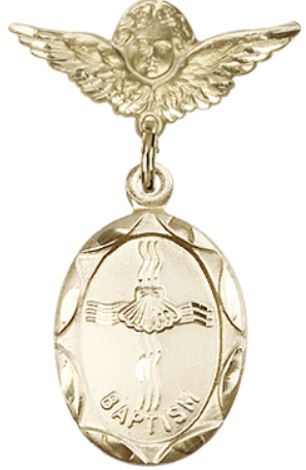 Small Angel Baby Pin with Baptism Medal, Solid 14kt Gold, # 66674