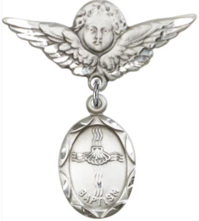 Large Angel Baby Pin with Baptism Medal, Sterling Silver, # 66675