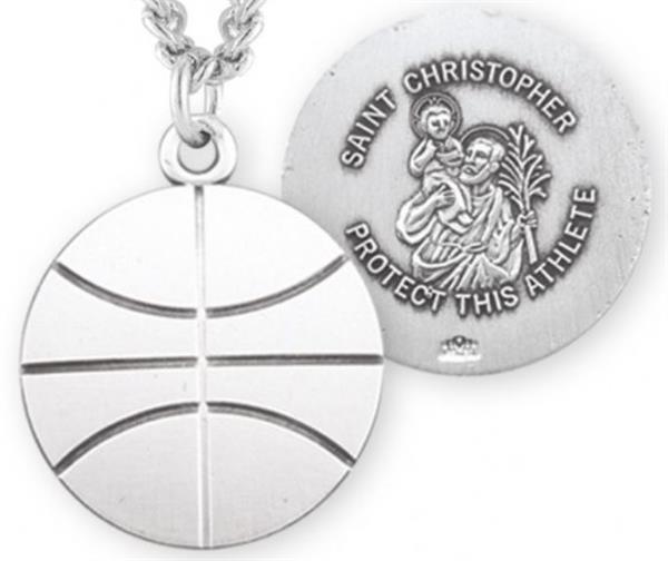 Basketball / St. Christopher Medal in Sterling Silver, 11/16", Your Choice of Chain, # 6668