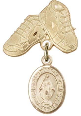 Baby Boots Baby Pin with Miraculous Medal, Solid 14kt Gold, # 66692