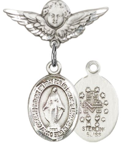 Small Angel Baby Pin with Miraculous Medal, Sterling Silver, # 66693