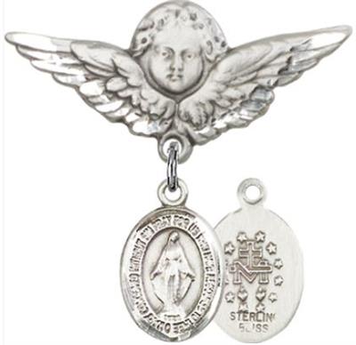 Large Angel Baby Pin with Miraculous Medal, Sterling Silver, # 66696