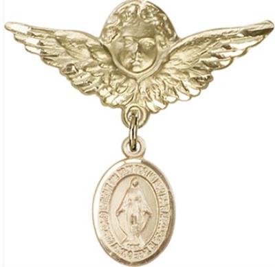 Large Angel Baby Pin with Miraculous Medal, Solid 14kt Gold, # 66698