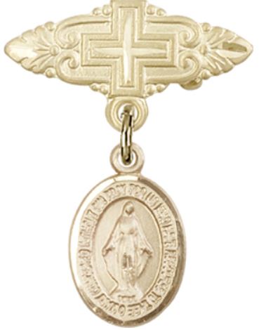 Baby Pin with Miraculous Medal, Solid 14kt Gold, # 66704