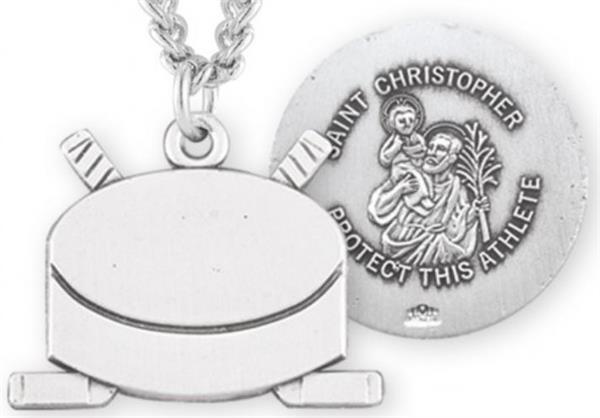 Hockey / St. Christopher Medal in Sterling Silver, 11/16", Your Choice of Chain, # 6671