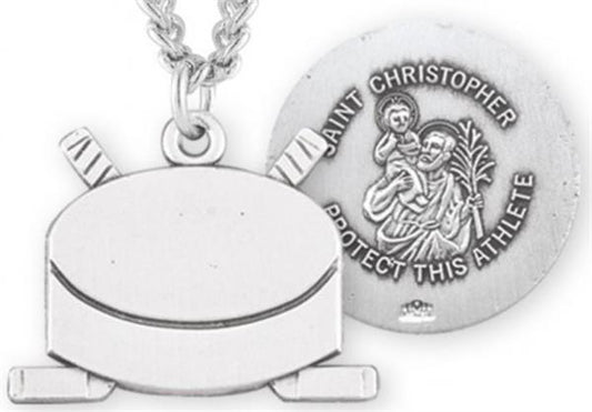 Hockey / St. Christopher Medal in Sterling Silver, 11/16", Your Choice of Chain, # 6671