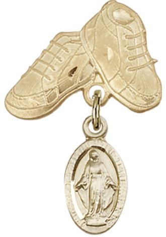 Baby Boots Baby Pin with Miraculous Medal, Solid 14kt Gold, # 66727