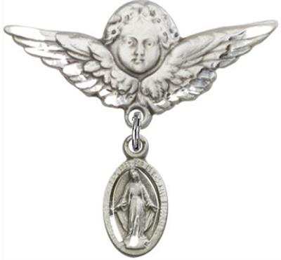 Large Angel Baby Pin with Miraculous Medal, Sterling Silver, # 66731