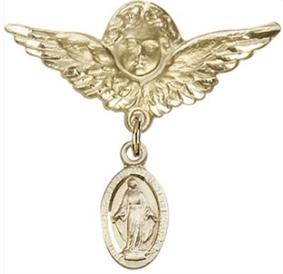 Large Angel Baby Pin with Miraculous Medal, Solid 14kt Gold, # 66733