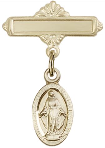 Baby Pin with Miraculous Medal, Solid 14kt Gold, # 66736