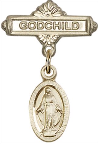 Godchild Baby Pin with Miraculous Medal, Solid 14kt Gold, # 66745