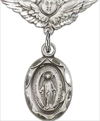 Small Angel Baby Pin with Miraculous Medal, Sterling Silver, # 66749