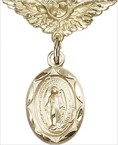 Small Angel Baby Pin with Miraculous Medal, Solid 14kt Gold, # 66751