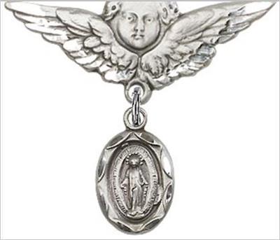 Large Angel Baby Pin with Miraculous Medal, Sterling Silver, # 66752