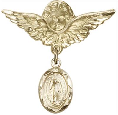 Large Angel Baby Pin with Miraculous Medal, Solid 14kt Gold, # 66754