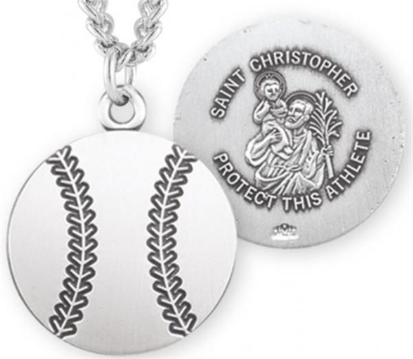 Baseball / St. Christopher Medal in Sterling Silver, 11/16", Your Choice of Chain, # 6675