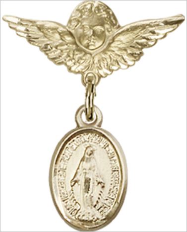 Small Angel Baby Pin with Miraculous Medal, Solid 14kt Gold, # 66772