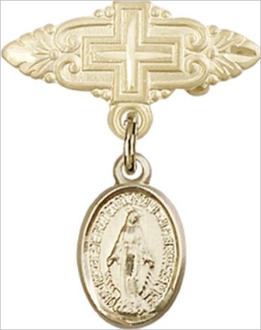 Baby Pin with Miraculous Medal, Solid 14kt Gold, # 66781