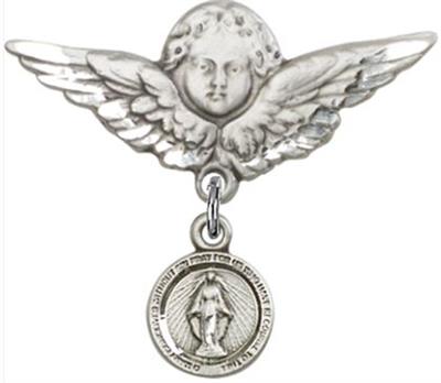 Large Angel Baby Pin with Miraculous Medal, Sterling Silver, # 66795