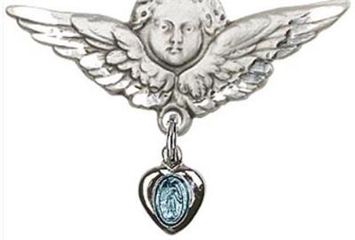 Large Angel Baby Pin with Blue Miraculous Medal, Sterling Silver, # 66812