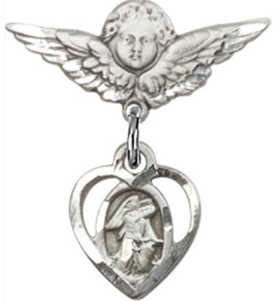 Small Angel Baby Pin with Guardian Angel Charm, Sterling Silver, # 66827