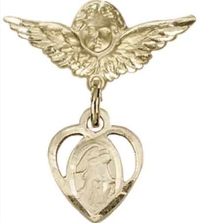 Small Angel Baby Pin with Guardian Angel Charm, Solid 14kt Gold, # 66829