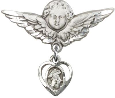 Large Angel Baby Pin with Guardian Angel Charm, Sterling Silver, # 66830