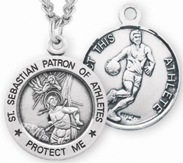 Sterling 7/8" St. Sebastian / Basketball Medal, Your Choice of Chain, # 6684