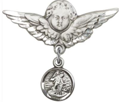 Large Angel Baby Pin with Guardian Angel Charm, Sterling Silver, # 66851