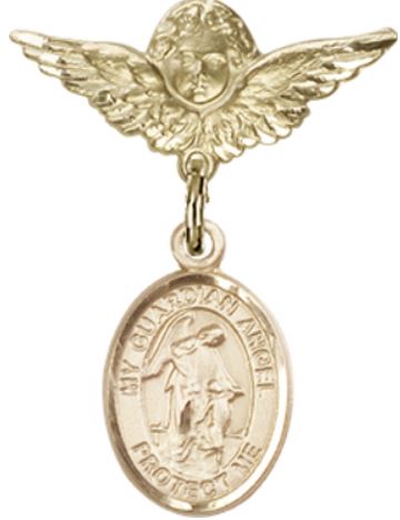 Small Angel Baby Pin with Guardian Angel, Solid 14kt Gold, # 66871