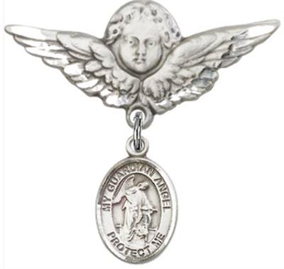 Large Angel Baby Pin with Guardian Angel Charm, Sterling Silver, # 66872