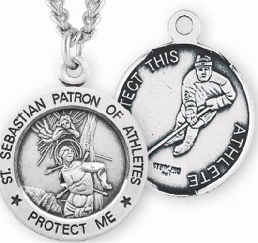 Sterling 7/8" St. Sebastian / Hockey Medal, Your Choice of Chain, # 6687