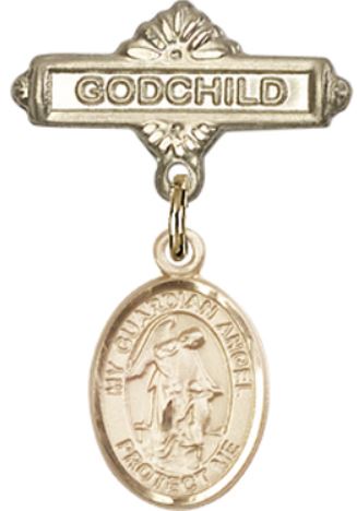 Godchild Baby Pin with Guardian Angel Charm, Solid 14kt Gold, # 66886