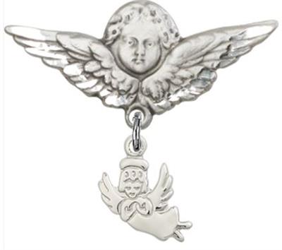 Large Angel Baby Pin with Guardian Angel Charm, Sterling Silver, # 66893