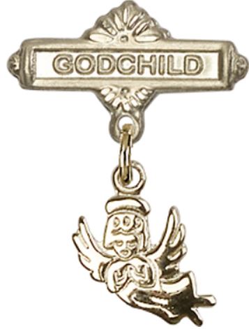 Godchild Baby Pin with Guardian Angel Charm, Solid 14kt Gold, # 66907