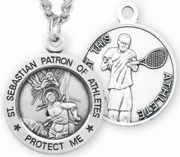 Sterling 7/8" St. Sebastian / Tennis Medal, Your Choice of Chain, # 6691
