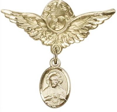 Large Angel Baby Pin with Scapular Charm, Solid 14kt Gold, # 66938