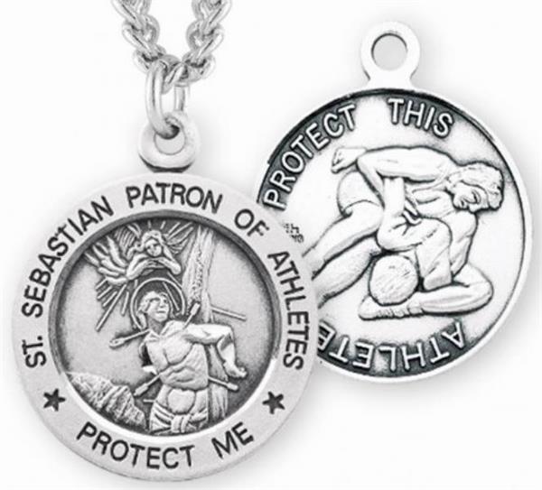 Sterling 7/8" St. Sebastian / Wrestling Medal, Your Choice of Chain, # 6697