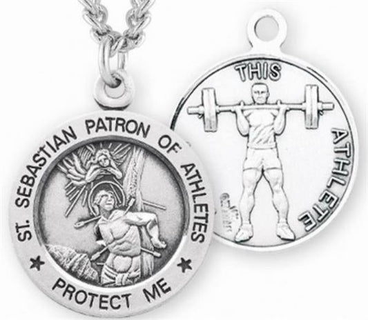 Sterling 7/8" St. Sebastian / Weight Lifting Medal, Your Choice of Chain, # 6698