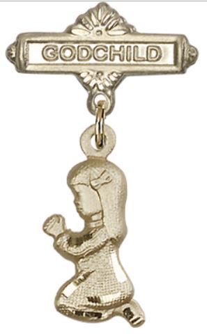 Godchild Baby Pin with Baby Girl Charm, Solid 14kt Gold, # 66993