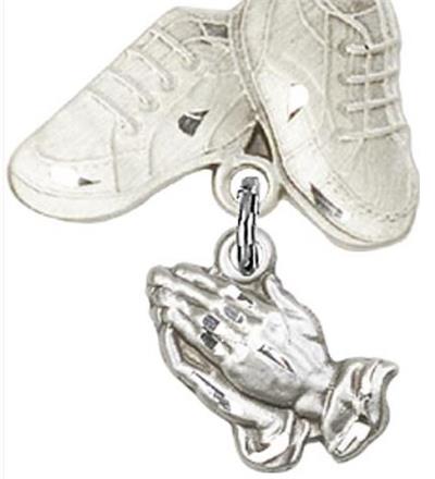 Baby Boots Pin with Praying Hands Charm, Sterling Silver, # 66994