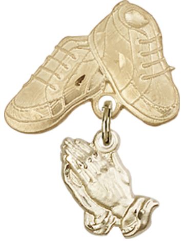 Baby Boots Pin with Praying Hands Charm, Solid 14kt Gold, # 66996