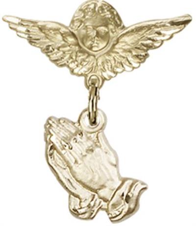 Small Angel Pin with Praying Hands Charm, Solid 14kt Gold, # 66999