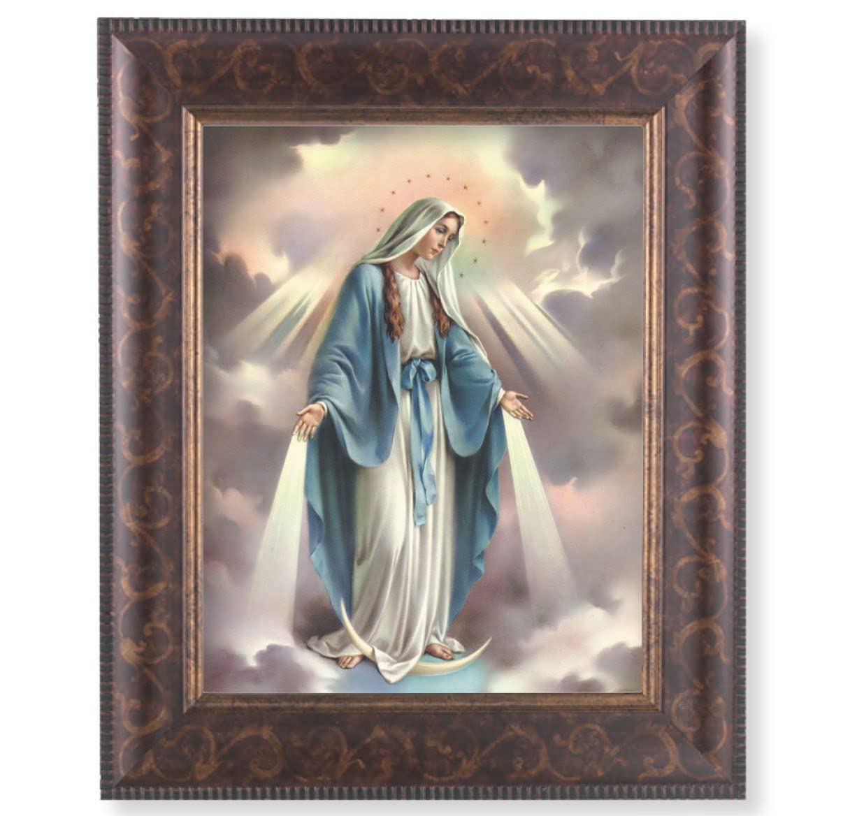Our Lady of Grace Picture, 11-1/4"x13-1/4, Antique Gold & Espresso Frame, Italian Print Under Glass # 25819