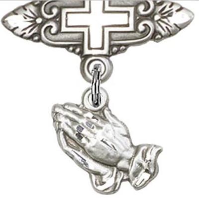 Baby Pin with Praying Hands Charm, Sterling Silver, # 67006