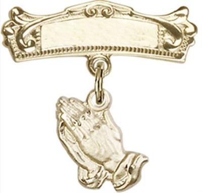 Baby Pin with Praying Hands Charm, Solid 14kt Gold, # 67011