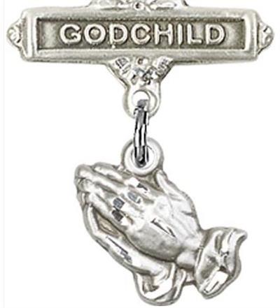 Godchild Baby Pin with Praying Hands Charm, Sterling Silver, # 67012