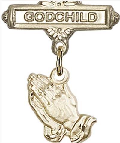 Godchild Baby Pin with Praying Hands Charm, Solid 14kt Gold, # 67014