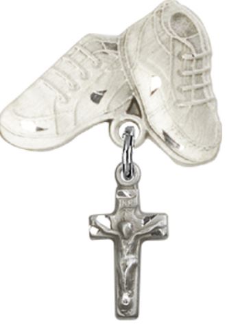 Baby Boots Pin with Crucifix Charm, Sterling Silver, # 67078