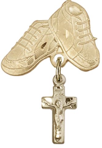 Baby Boots Pin with Crucifix Charm, Solid 14kt Gold, # 67080